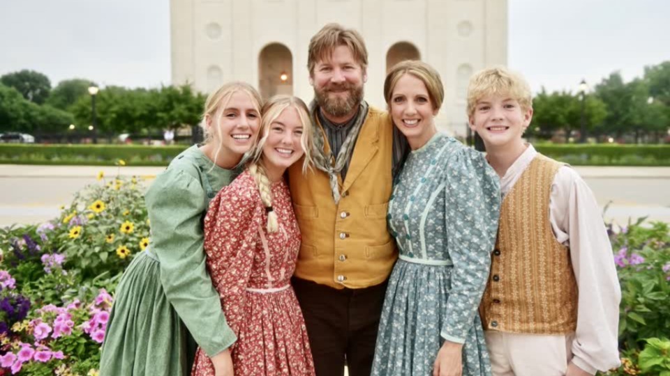 Chariton Family performs in the Nauvoo/British Pageants, Nauvoo Illinois 2018                           Left to right Jenna, Amy, Cannon, Gabe, Ember, and Hunter 