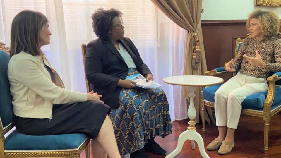Sister Rebecca L. Craven, Sister Tracy Y. Browning with First Lady Débora Katisa Cavalho at Presidential Palace in Cabo Verde on 2 March 2023