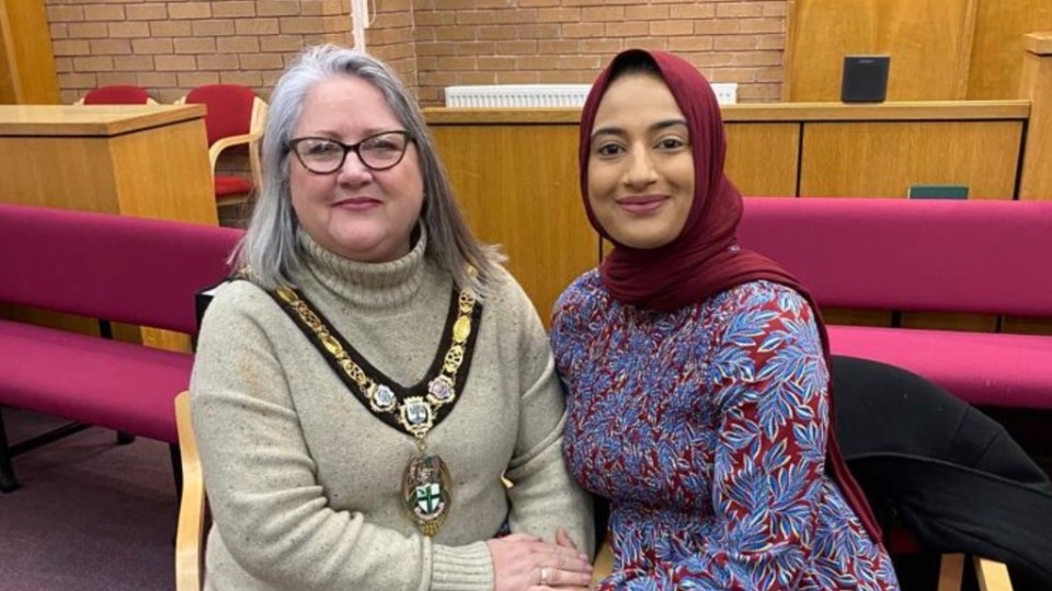 L – R Councillor Ann Isherwood, Madam Mayor of the Borough of Redditch and Councillor Nyear Nazir for Batchley and Brockhill and deputy leader of Redditch Borough Council